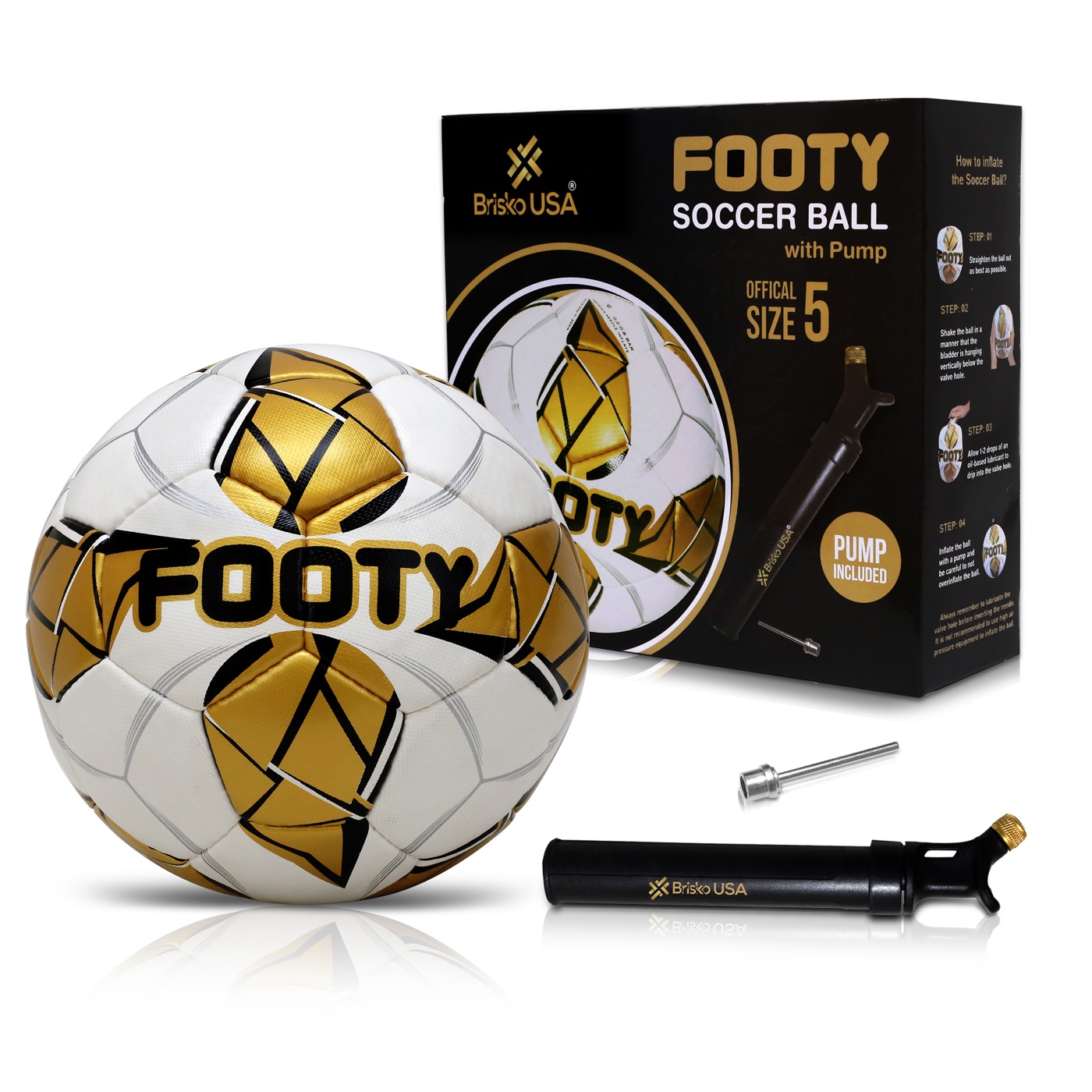 Gold Footy soccer ball with retail box and included pump