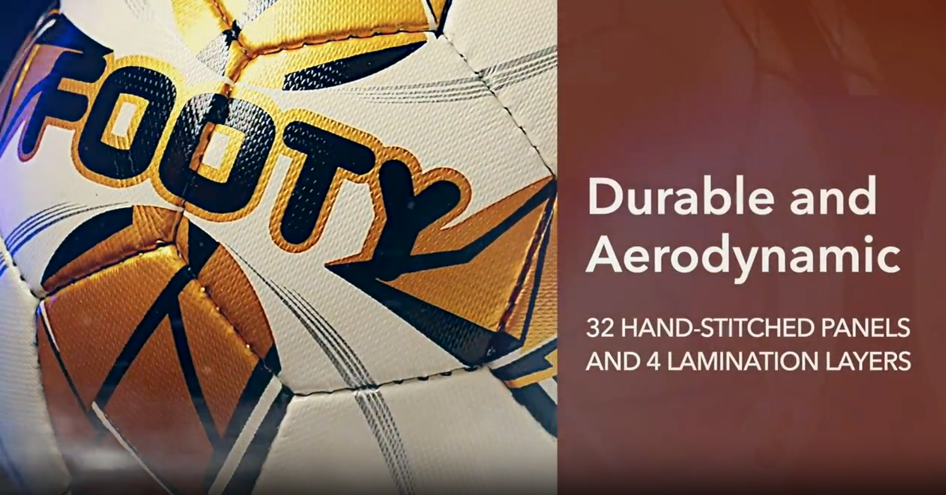 Footy ball detail showing its durable aerodynamic hand-stitched construction